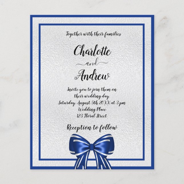 Papier Budget royal bleu argent arc faire-part de mariage (Devant)