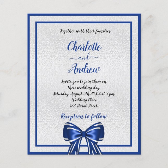 Papier Budget royal bleu argent arc faire-part de mariage (Devant)