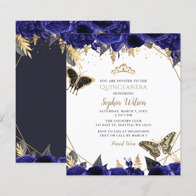 Papier Budget Royal Blue Butterfly Quinceañera invitation (Devant / Derrière)