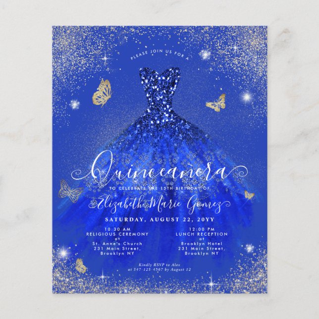 Papier Budget Royal Blue Gold Gown Quinceanera Invitation (Devant)