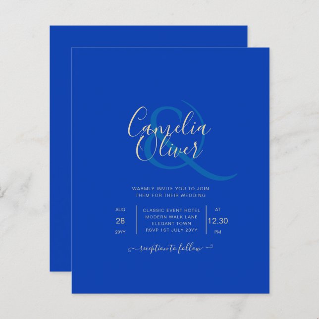 Papier Budget Royal Blue Monochrome Mariage INVITE (Devant / Derrière)