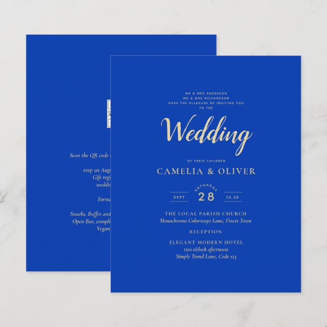 Papier Budget Royal Blue Monochrome Mariage INVITE (Devant / Derrière)