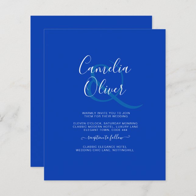 Papier Budget Royal Blue Monochrome Mariage INVITE (Devant / Derrière)