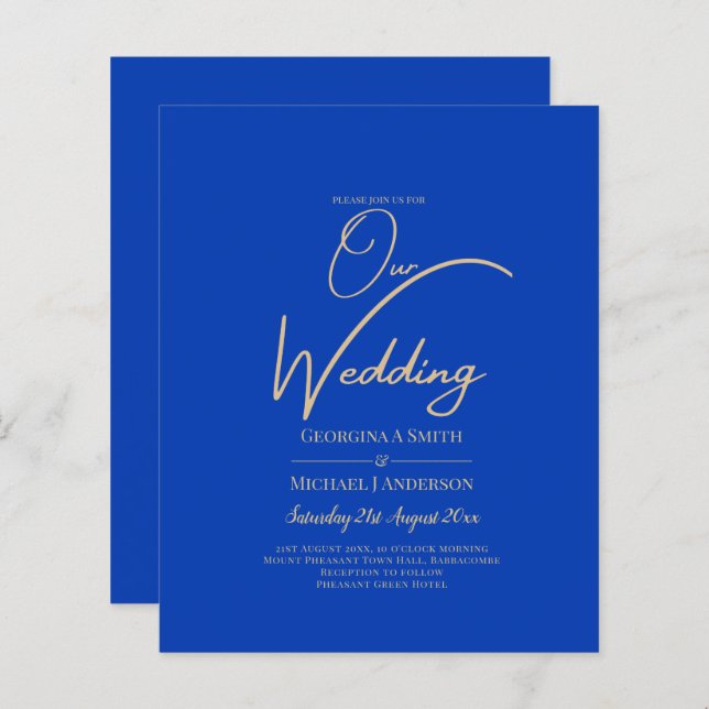 Papier Budget Royal Blue Monochrome Mariage INVITE (Devant / Derrière)
