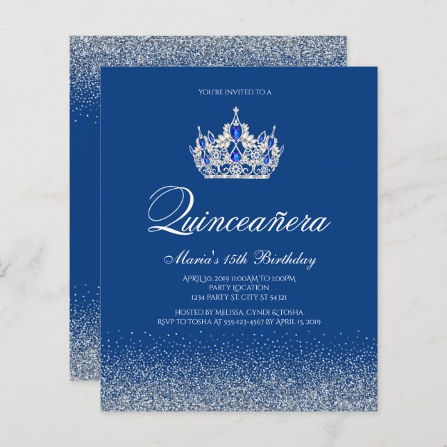 Papier Budget Royal Blue Quinceanera Invitations (Devant / Derrière)