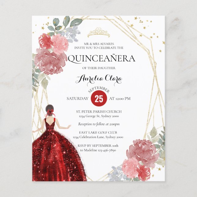 Papier Budget Ruby Rouge Floral Géométrique Quinceañera (Devant)