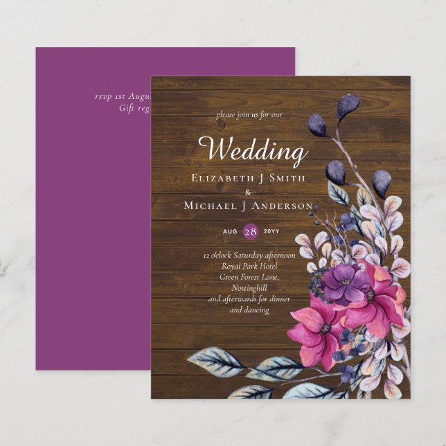 Papier BUDGET Russe Fuchsia Floral Mariage Woodland (Devant / Derrière)