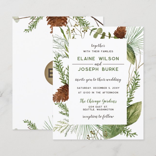 Papier Budget Russe Hiver Pine cône Faire-part de mariage (Devant / Derrière)