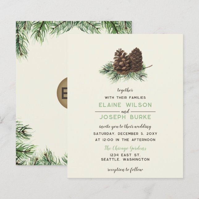 Papier Budget Russe Pine Cone Faire-part de mariage d'hiv (Devant / Derrière)