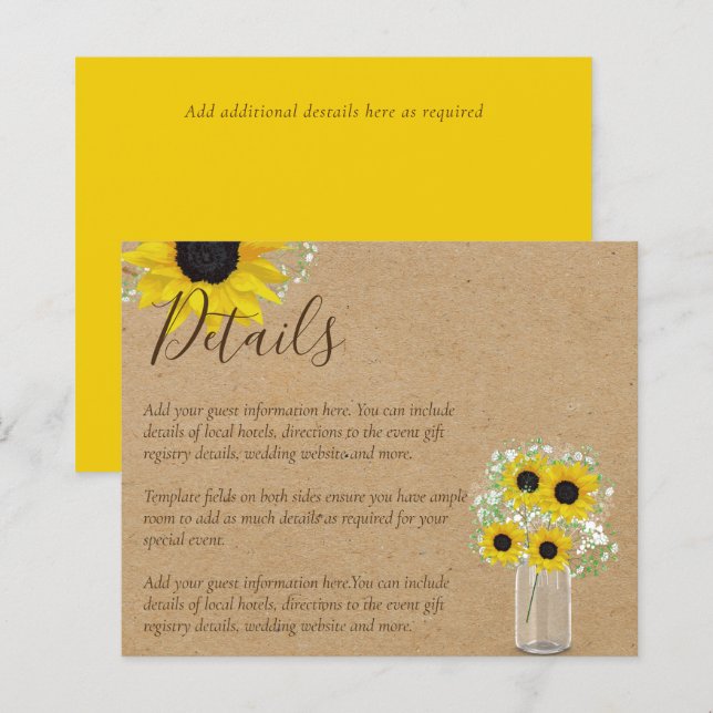 Papier BUDGET Russe Tournesol Détails du Mariage Pièce jo (Devant / Derrière)