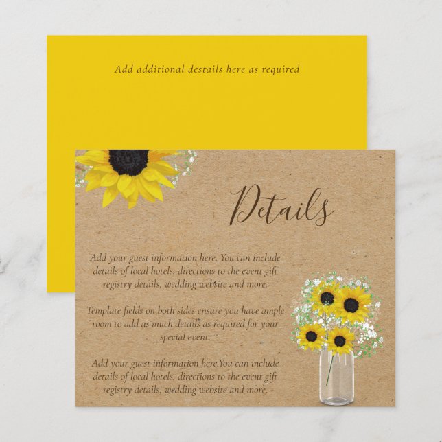 Papier BUDGET Russe Tournesol Détails du Mariage Pièce jo (Devant / Derrière)