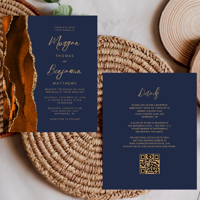 Papier Budget Rust Agate Marine bleu QR Code Mariage Invi (Créateur téléchargé)