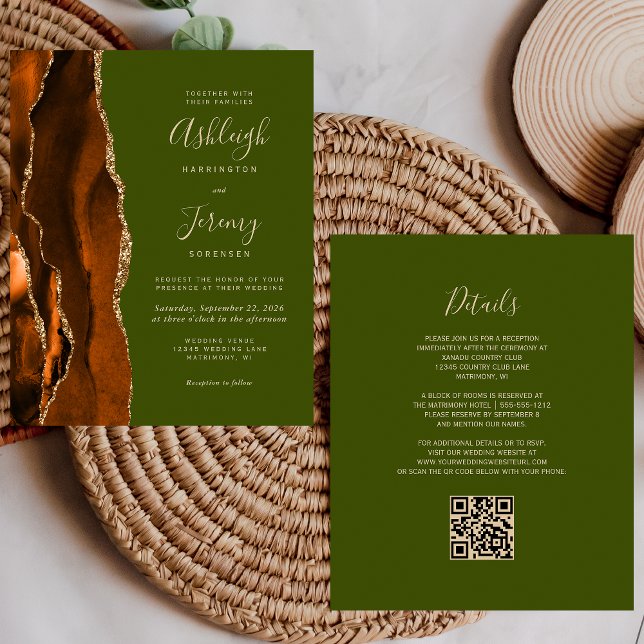 Papier Budget Rust Agate Olive QR Code Mariage Invitation (Créateur téléchargé)