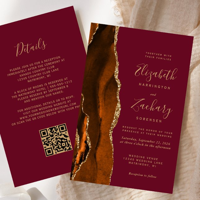 Papier Budget Rust or Gold Agate Burgundy QR Code Mariage (Créateur téléchargé)