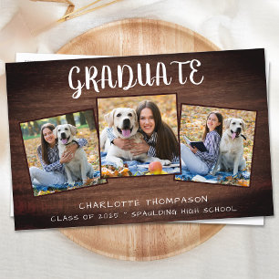 Papier Budget Rustic 3 Photo Graduation Invitation