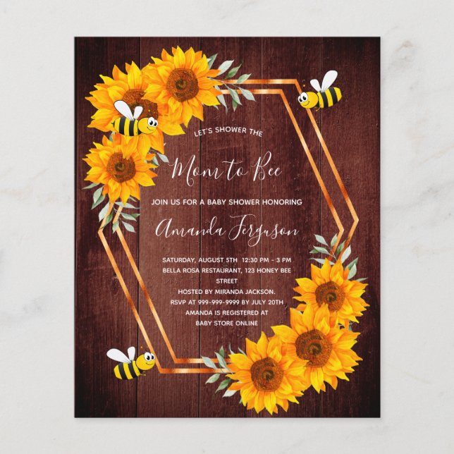 Papier Budget Rustic Bee Baby shower Tournesol Invitation (Devant)