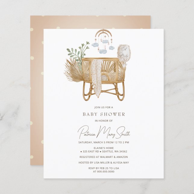 Papier Budget Rustic Boho Baby Cot Baby shower Invitation (Devant / Derrière)