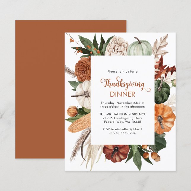 Papier Budget Rustic Brown Thanksgiving Dîner Invitation (Devant / Derrière)