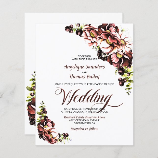 Papier Budget Rustic Fall Floral Faire-part de mariage (Devant / Derrière)