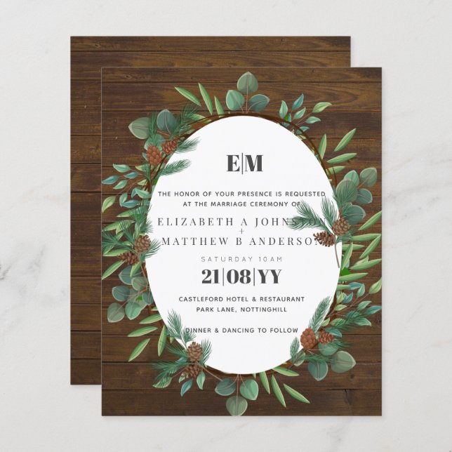 Papier Budget Rustic Green Woodland Wedding Invitation (Devant / Derrière)
