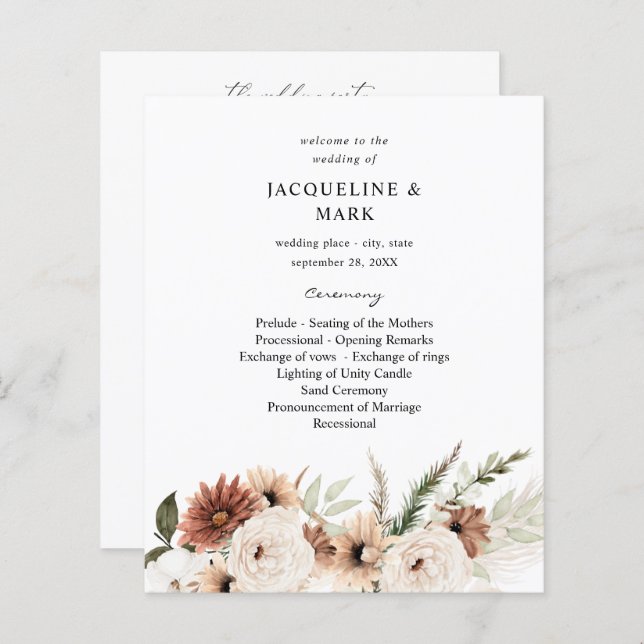 Papier Budget Rustic Neutral Boho Cérémonie de Mariage Fl (Devant / Derrière)