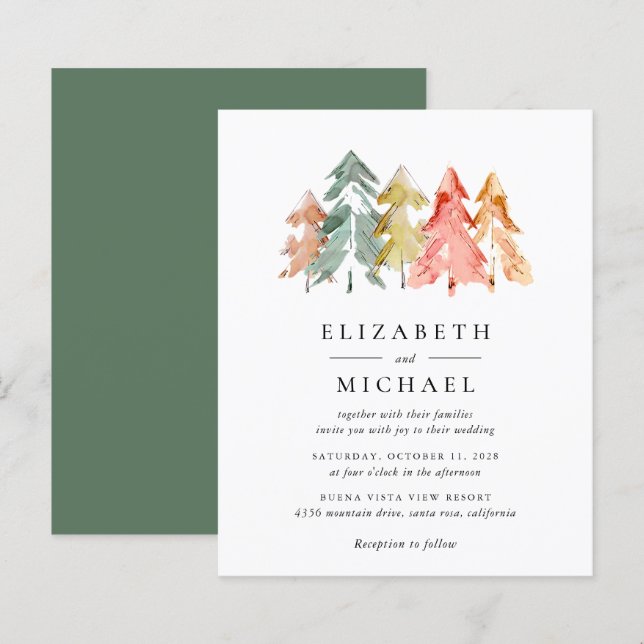 Papier Budget Rustic Pine Trees Aquarelle Invitation (Devant / Derrière)