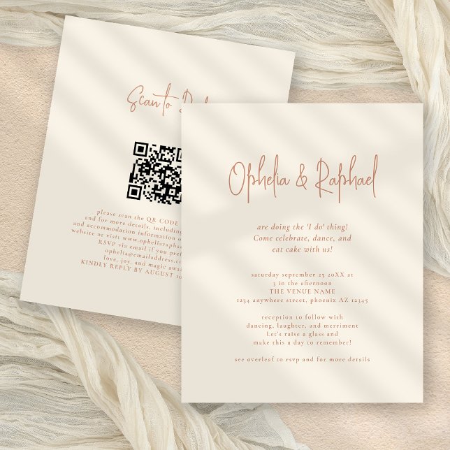 Papier Budget Rustic Script QR Boho Cream invite de maria (Front and back view)