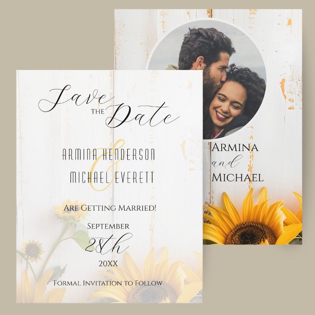 Papier Budget Rustic Sunflower Wedding Enregistrer la dat (A budget rustic sunflower wedding save the date card with white barn wood and photo.)