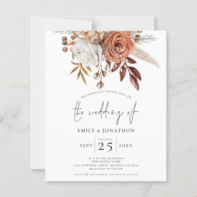 Papier Budget Rustic Terracotta Florals QR Mariage Invite (Devant)