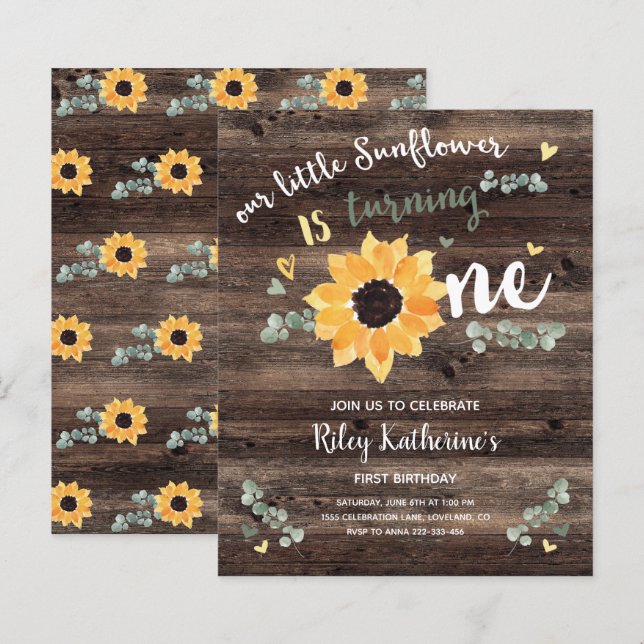 Papier Budget Rustic Tournesol 1er anniversaire Invitatio (Devant / Derrière)