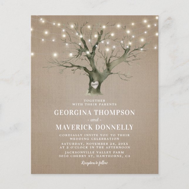 Papier Budget Rustic Tree Lights Faire-part de mariage (Devant)