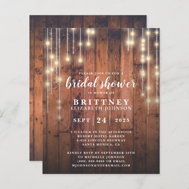 Papier Budget Rustic Wood Lights Bridal Douche Invitation (Devant / Derrière)