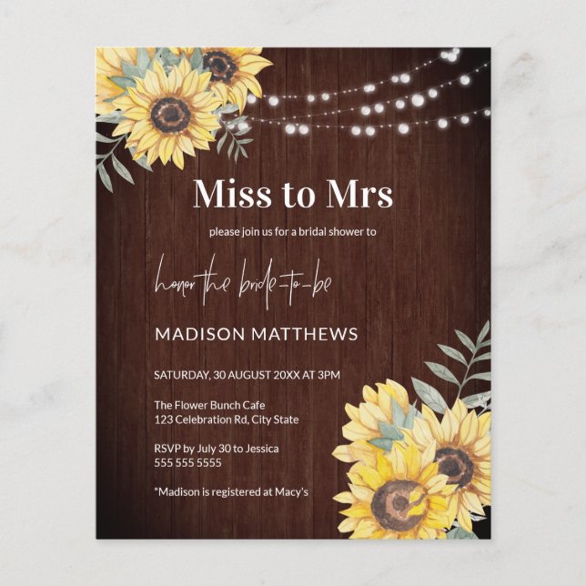 Papier Budget Rustic Wood Sunflower Lumières Mlle à Mme. (Devant)