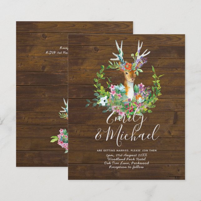 Papier Budget Rustic Woodland Deer Floral Wedding Invite (Devant / Derrière)