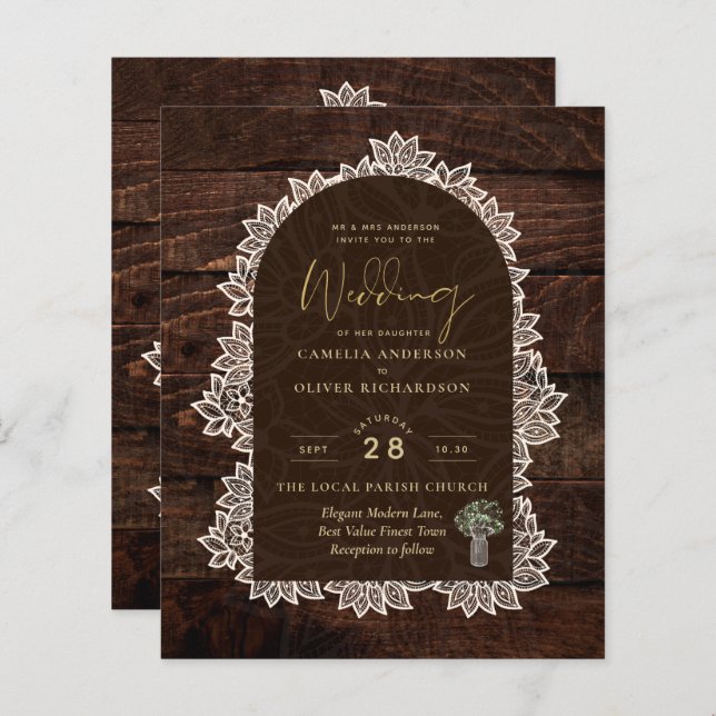 Papier BUDGET Rustic Woodland Mariage Wood Lace INVITATIO (Devant / Derrière)