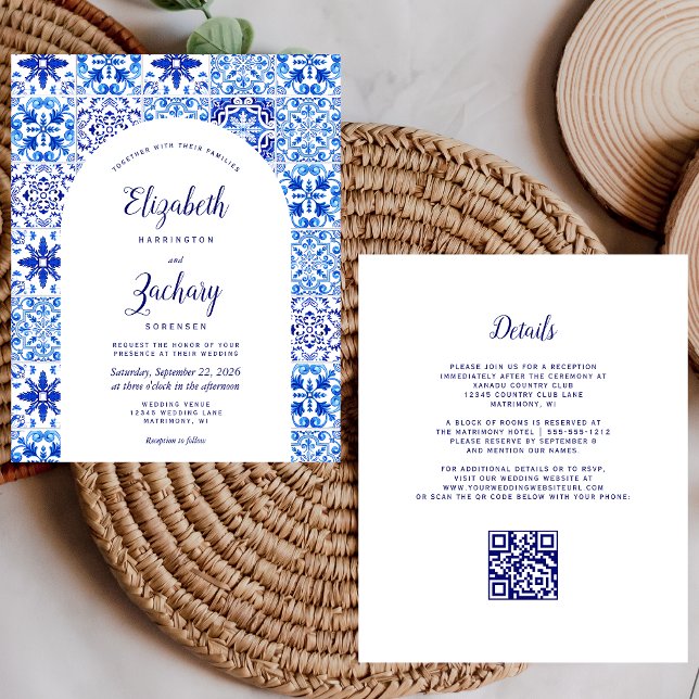 Papier Budget Rustique Arc Bleu Azulejos QR Code Mariage (Créateur téléchargé)