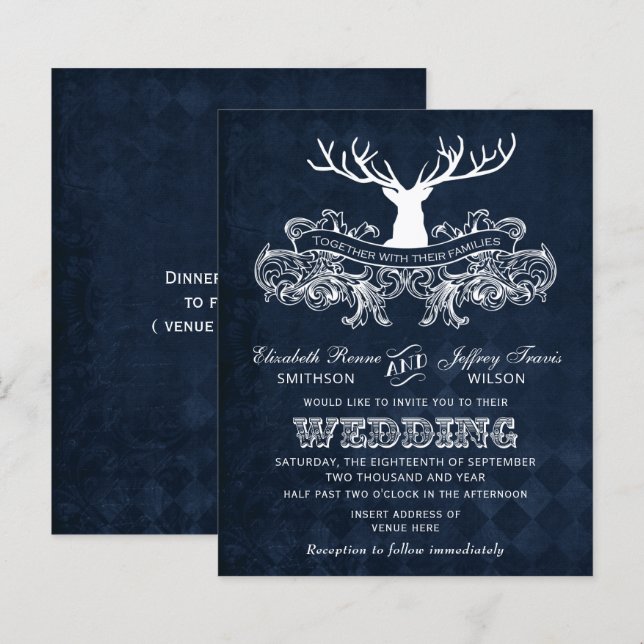 Papier Budget Rustique Bleu Antlers Cerfs Faire-part de m (Devant / Derrière)