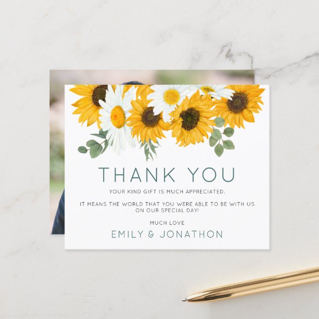 Papier Budget Rustique Boho Sunflower Merci photo (Devant/Arrière en situation)