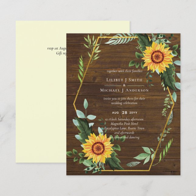 Papier BUDGET Rustique BOHO Tournesols Verdure Mariage (Devant / Derrière)