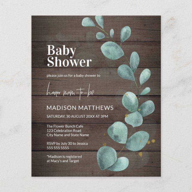 Papier Budget Rustique Bois Eucalyptus Baby shower vert (Devant)