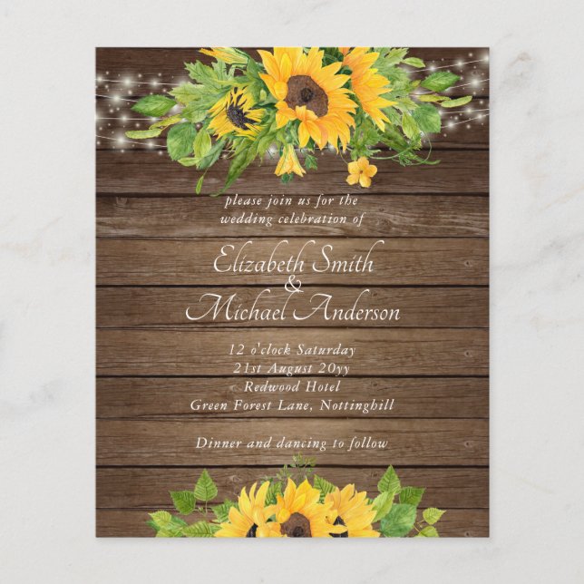 Papier Budget Rustique Bois Sunflower Lumières Mariage In (Devant)