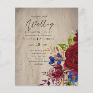 Papier BUDGET Rustique Bourgogne Blue Floral Wedding Invi