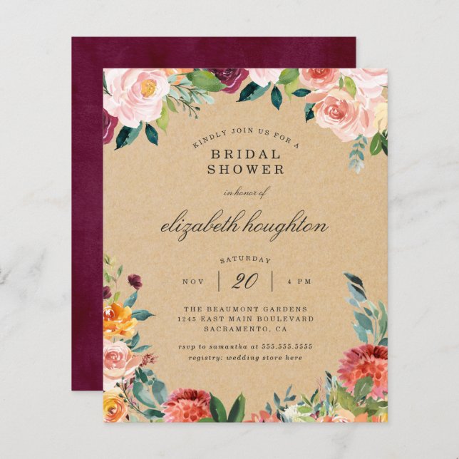 Papier Budget Rustique Bourgogne Blush Floral Fête des ma (Devant / Derrière)