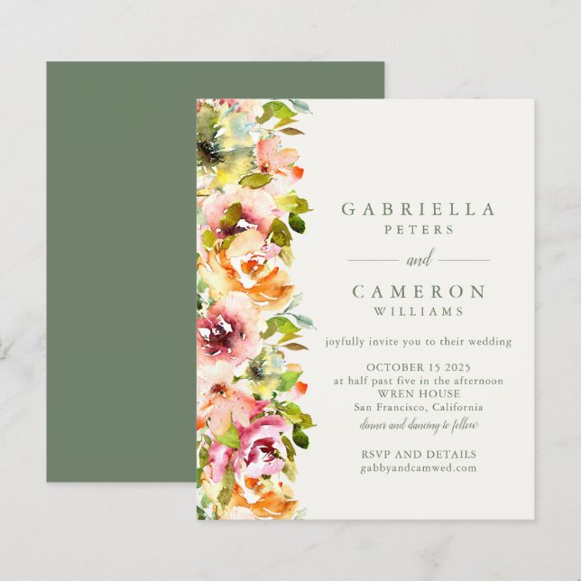 Papier Budget Rustique Bourgogne Green Mariage Floral Inv (Devant / Derrière)