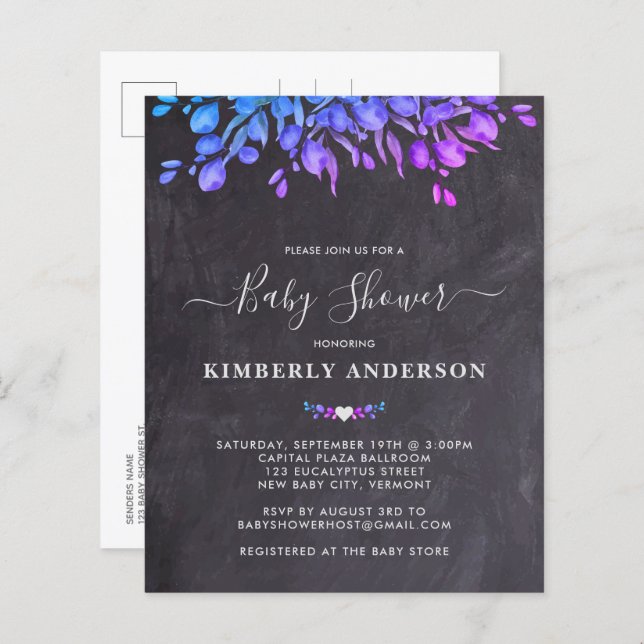 Papier Budget Rustique Eucalyptus violet Baby shower Invi (Devant / Derrière)