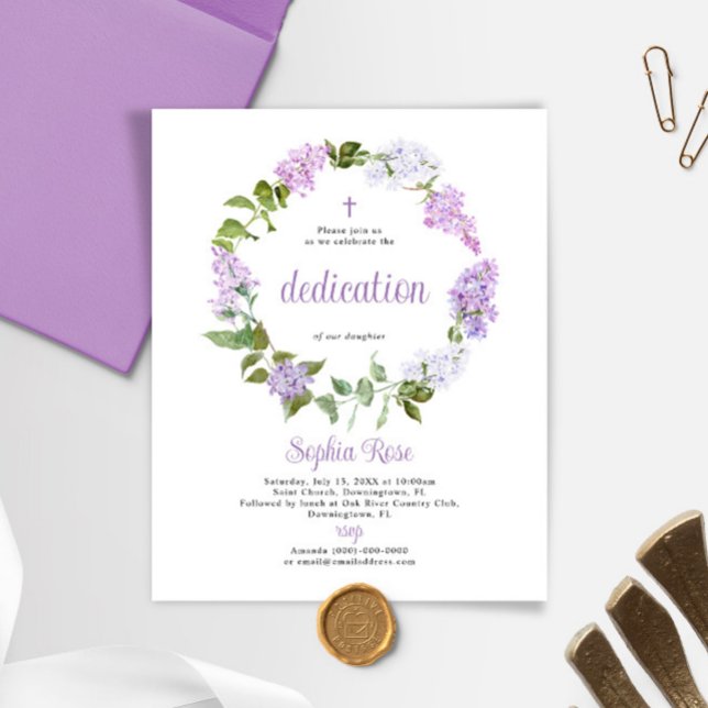 Papier Budget Rustique Lilac Fleurs Dedication Invitation (Créateur téléchargé)