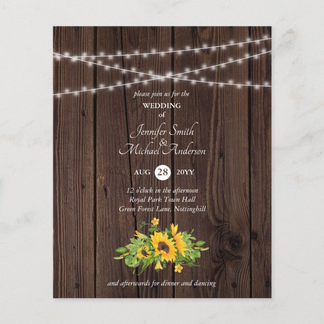 Papier Budget Rustique Mariage floral de tournesol en boi (Devant)