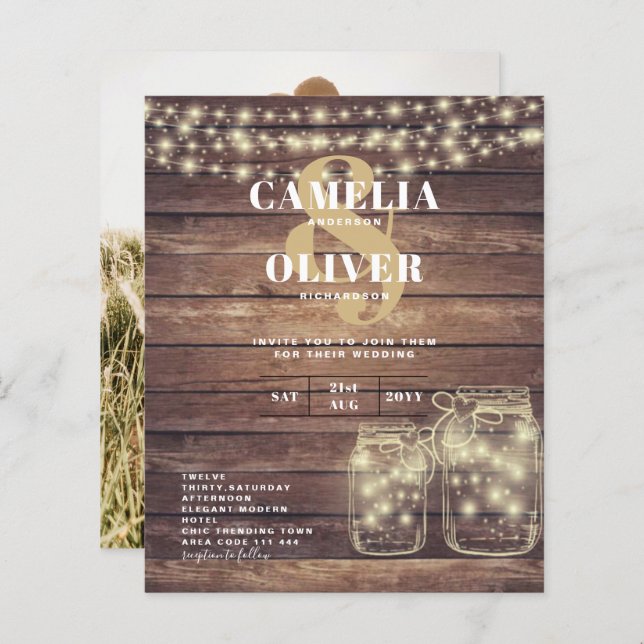 Papier BUDGET Rustique Mason Jar Lumières MARIAGE en bois (Devant / Derrière)