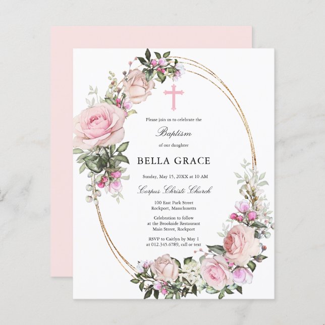 Papier Budget Rustique Rose Rose Floral Baptême Invitatio (Devant / Derrière)