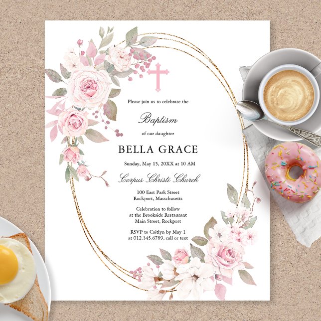 Papier Budget Rustique Rose Rose Floral Baptême Invitatio (Créateur téléchargé)